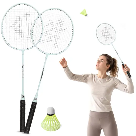 HyperMotion Badminton-Set 2 Schläger 66 cm 1 Federball Salbei