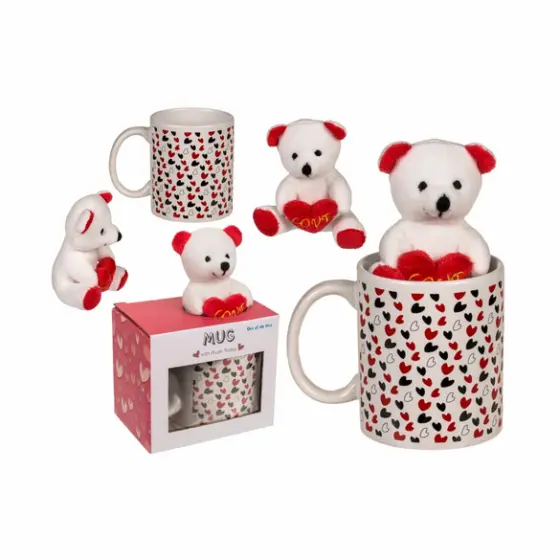 Tasse mit Herzchen & Plüschteddy im Geschenkkarton