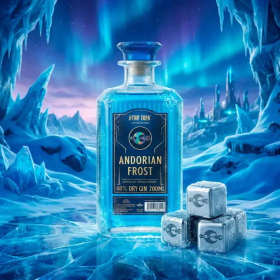 Limitiertes Star Trek Andorian Frost Gin Set mit Edelstahl Eiswürfeln