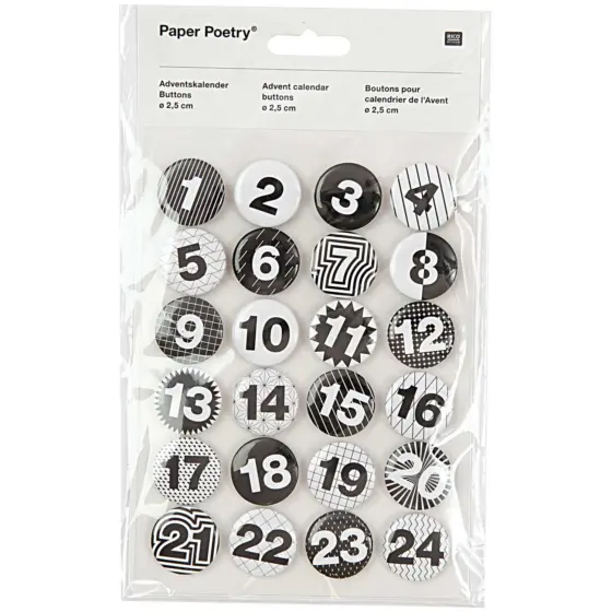 Rico Design Paper Poetry Adventskalender Zahlen Buttons schwarz-weiß 2,5cm 24 Stück