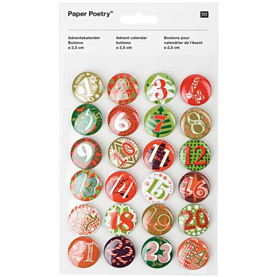 Rico Design Paper Poetry Adventskalender Zahlen Buttons grün-rot 2,5cm 24 Stück