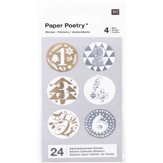 Rico Design Paper Poetry Adventskalender Sticker gold-silber 24 Stück