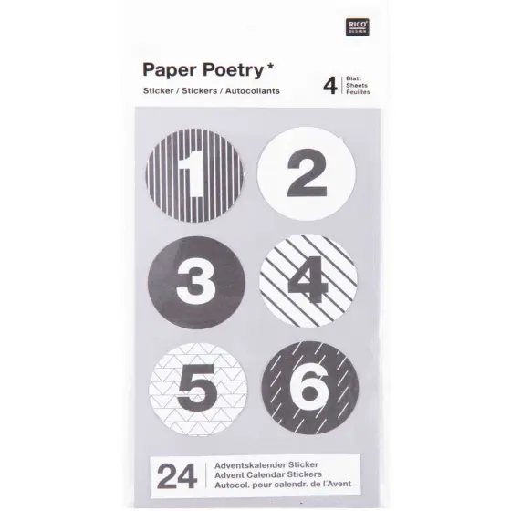 Rico Design Paper Poetry Adventskalender Sticker schwarz-weiß 24 Stück