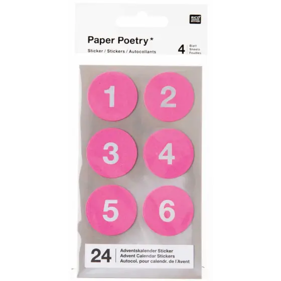 Rico Design Paper Poetry Adventskalender Sticker Zahlen 1-24 Pink