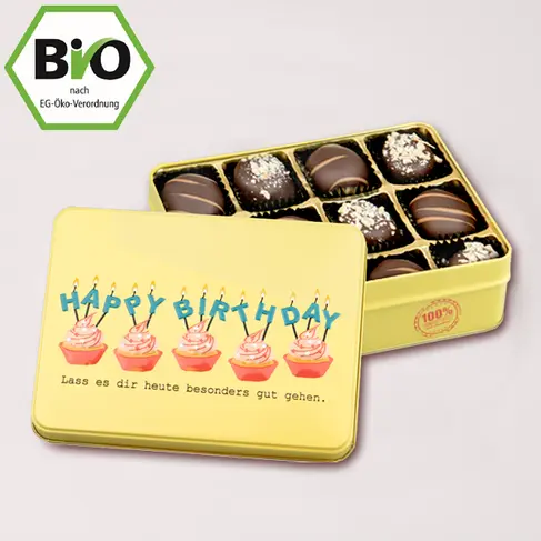 Präsentdose ?Happy Birthday? mit Bio-Pralinen