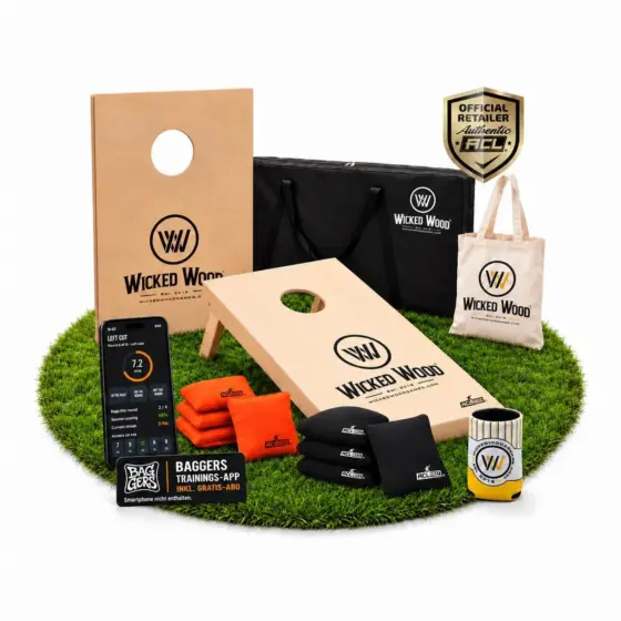 Cornhole Starter-Set: 2 Lackierte Boards, 8 Säckchen, Tasche, Tote Bag, Koozie